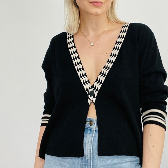 Black and White Deep V Cardigan Knit Sweater